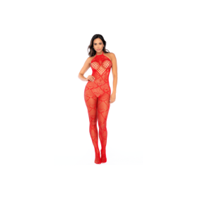 Bodystocking en résille rouge à motif cœur, orné de strass, ouvert à l’entrejambe - Mapalé